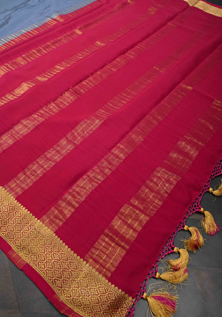 Jet Gray Mysore Silk Saree with Contrast Zari Border | SILK MARK CERTIFIED