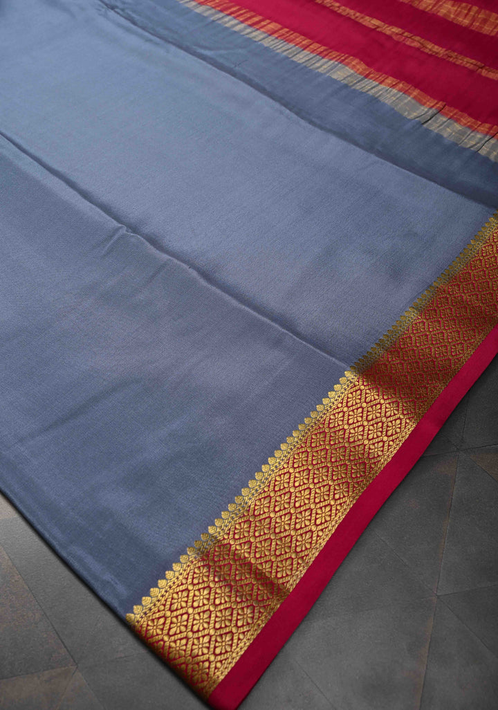 Jet Gray Mysore Silk Saree with Contrast Zari Border | SILK MARK CERTIFIED