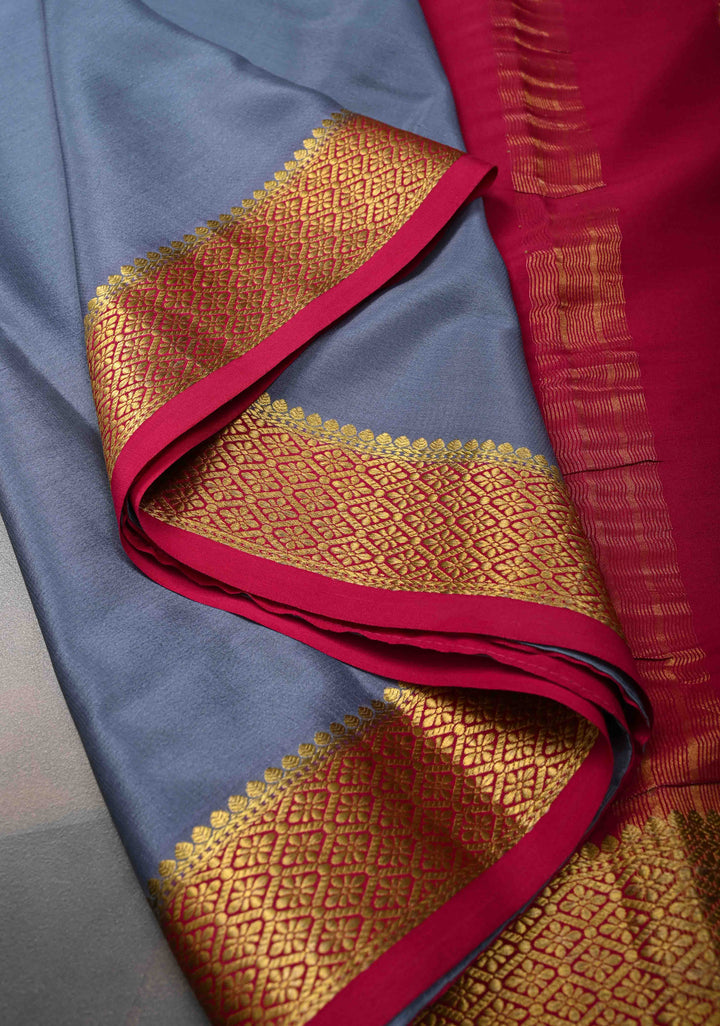Jet Gray Mysore Silk Saree with Contrast Zari Border | SILK MARK CERTIFIED