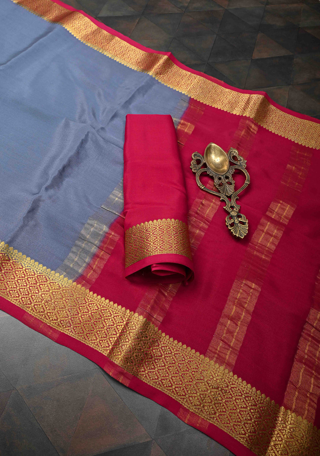 Jet Gray Mysore Silk Saree with Contrast Zari Border | SILK MARK CERTIFIED