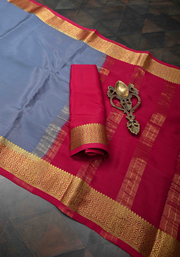 Jet Gray Mysore Silk Saree with Contrast Zari Border | SILK MARK CERTIFIED