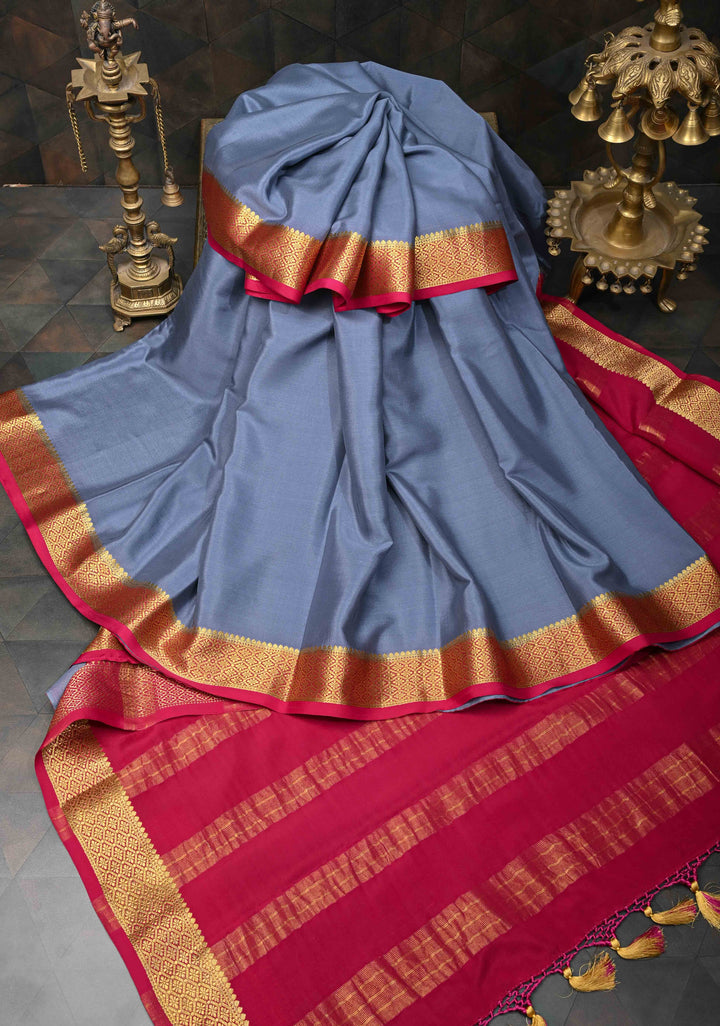 Jet Gray Mysore Silk Saree with Contrast Zari Border | SILK MARK CERTIFIED