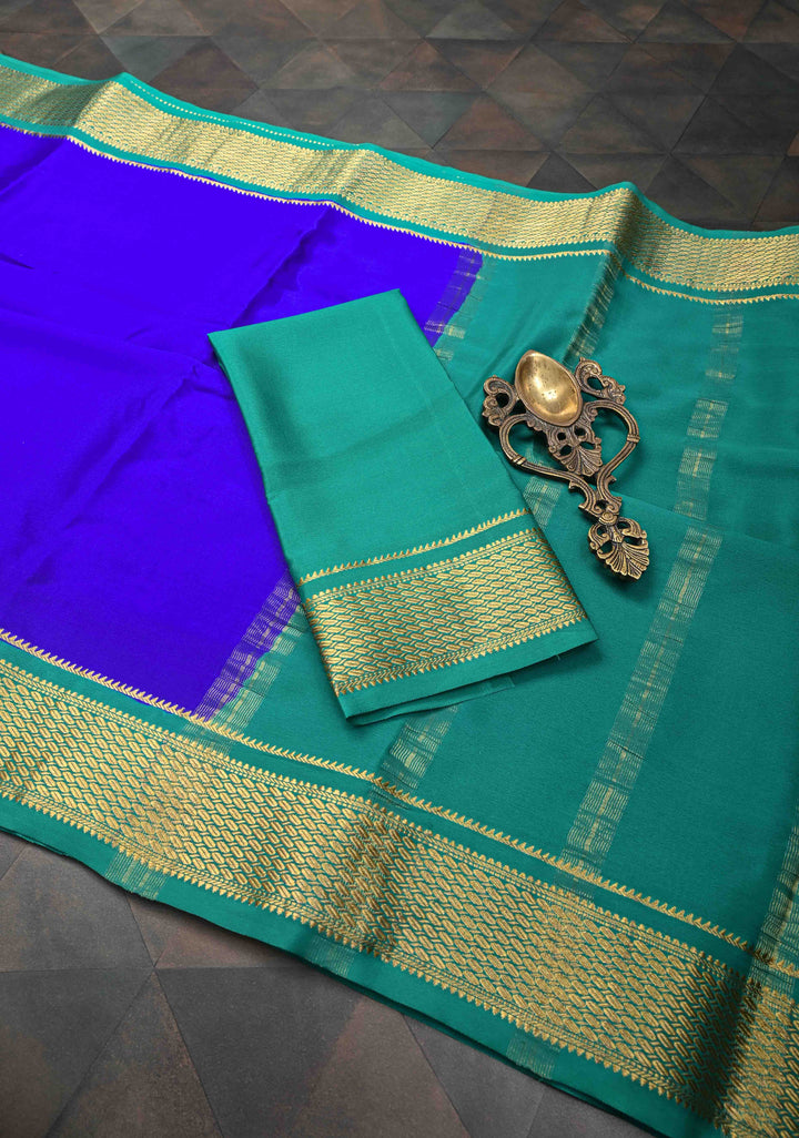 Cobalt Blue Mysore Silk Saree with Contrast Zari Border and Pallu | SILK MARK CERTIFIED