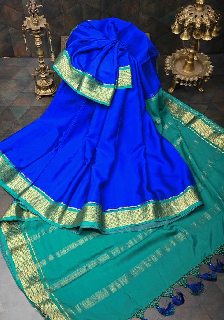 Cobalt Blue Mysore Silk Saree with Contrast Zari Border and Pallu | SILK MARK CERTIFIED