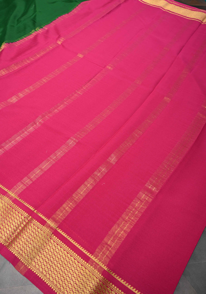 Bottle Green Mysore silk Saree with Contrast Zari Border | SILK MARK CERTIFIED