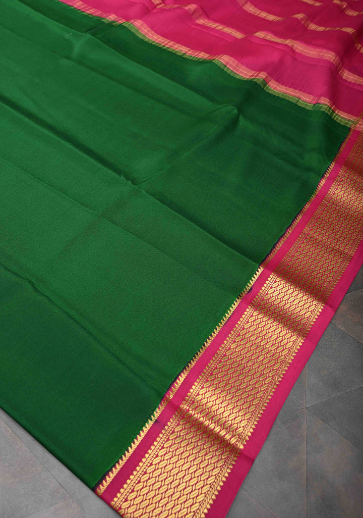 Bottle Green Mysore silk Saree with Contrast Zari Border | SILK MARK CERTIFIED