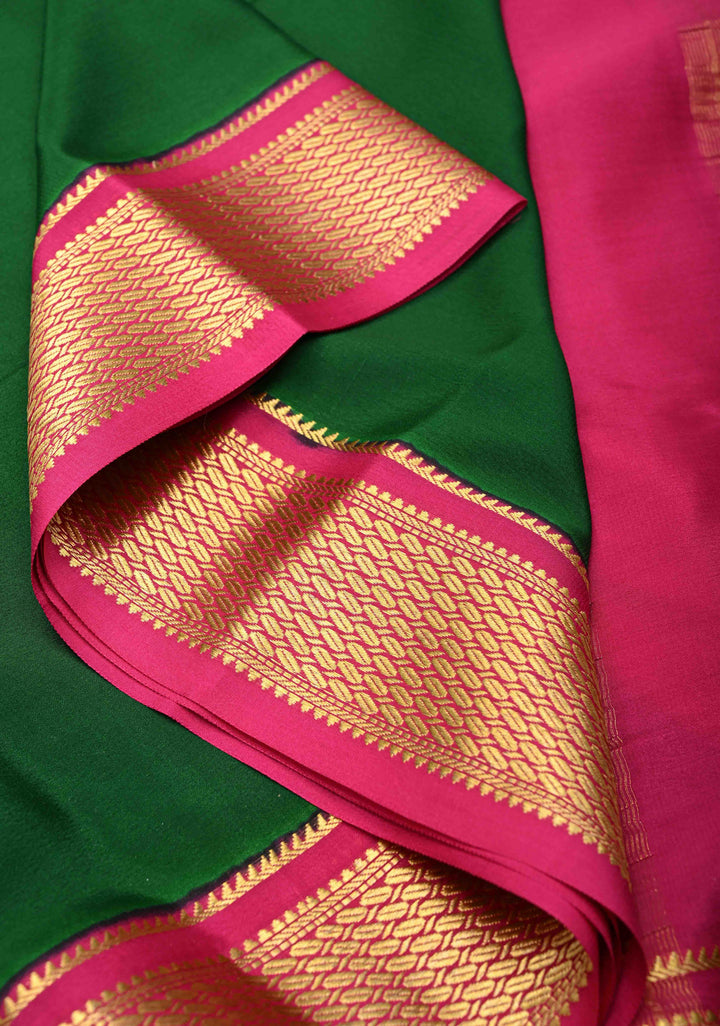 Bottle Green Mysore silk Saree with Contrast Zari Border | SILK MARK CERTIFIED