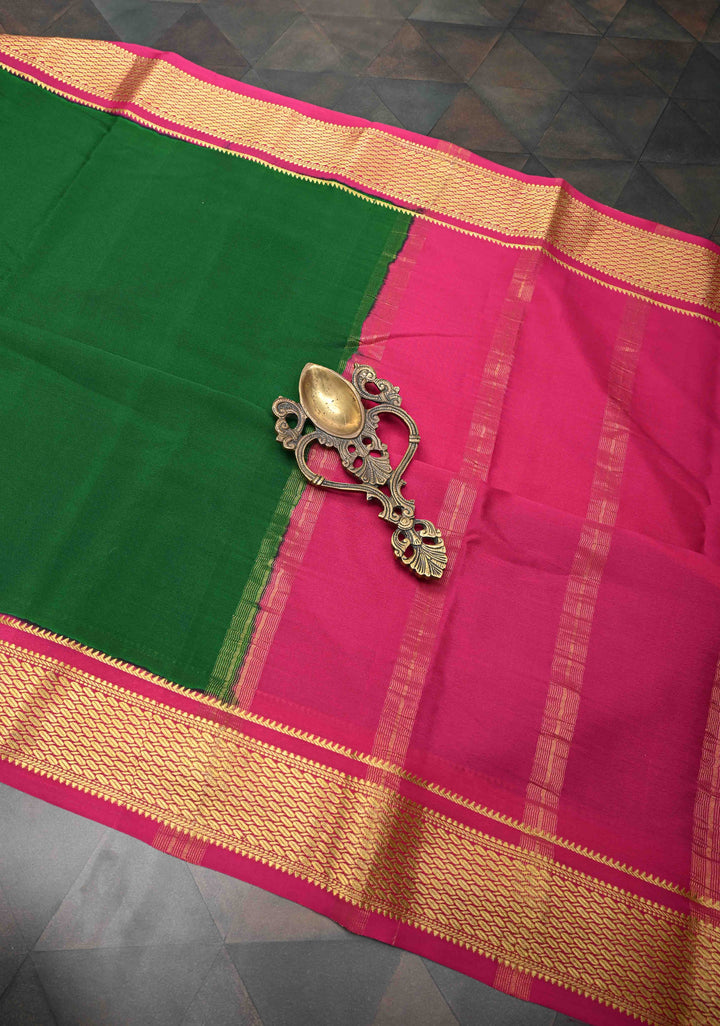 Bottle Green Mysore silk Saree with Contrast Zari Border | SILK MARK CERTIFIED