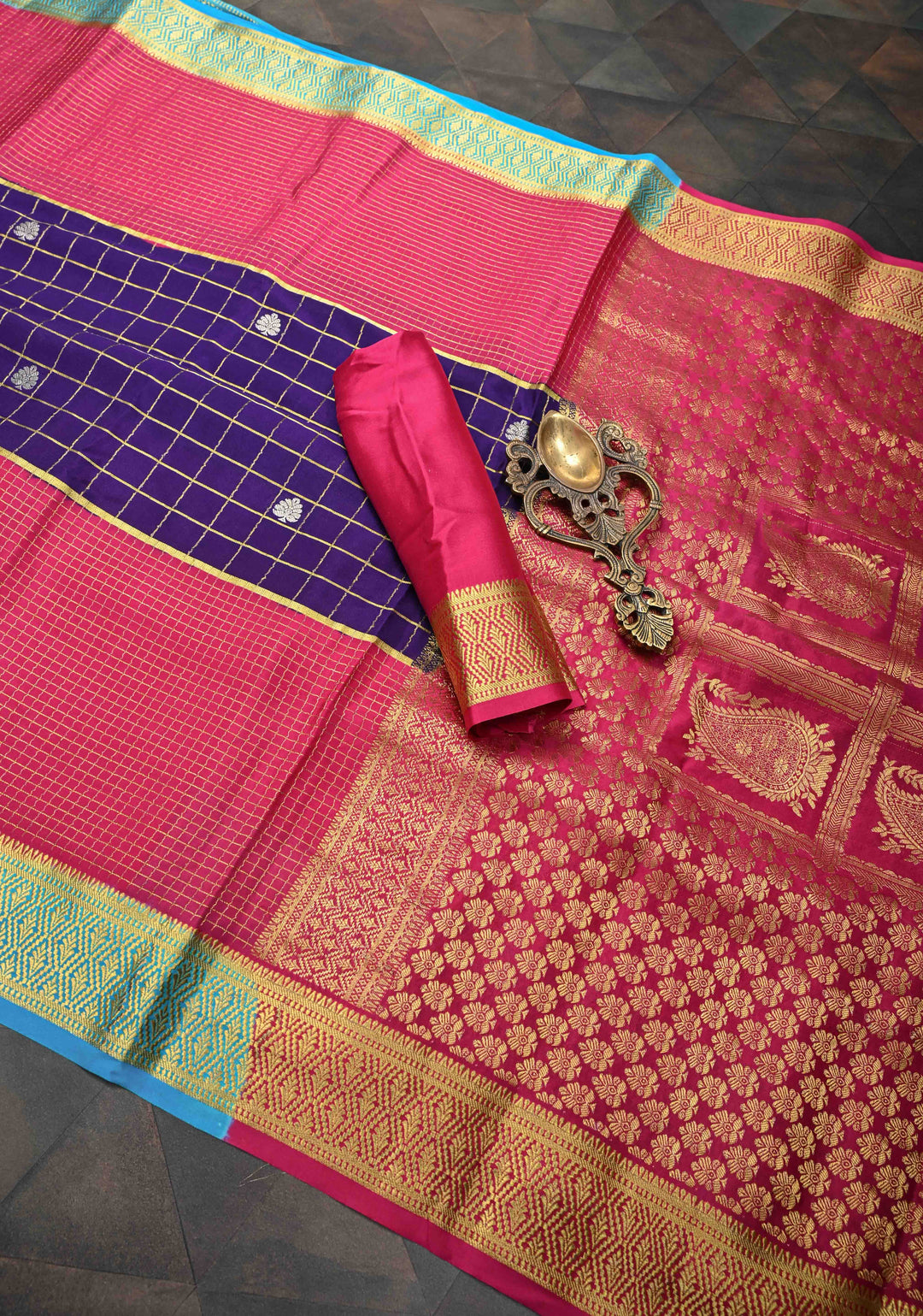 Purple Zari Checks on Pure Mysore Silk saree Floral Zari Motifs And Podi Kattam Border in KSIC Grade Thickness | SILK MARK CERTIFIED