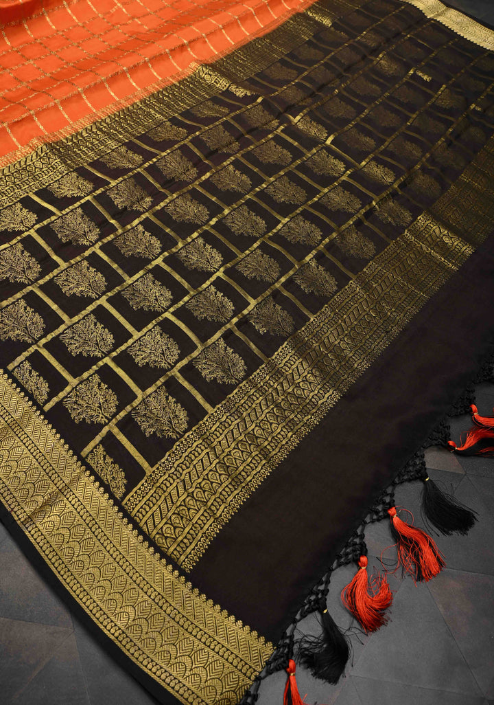 Coral Zari Checks on Pure Mysore Silk saree With Contrast Zari Border in KSIC Grade Thickness | SILK MARK CERTIFIED