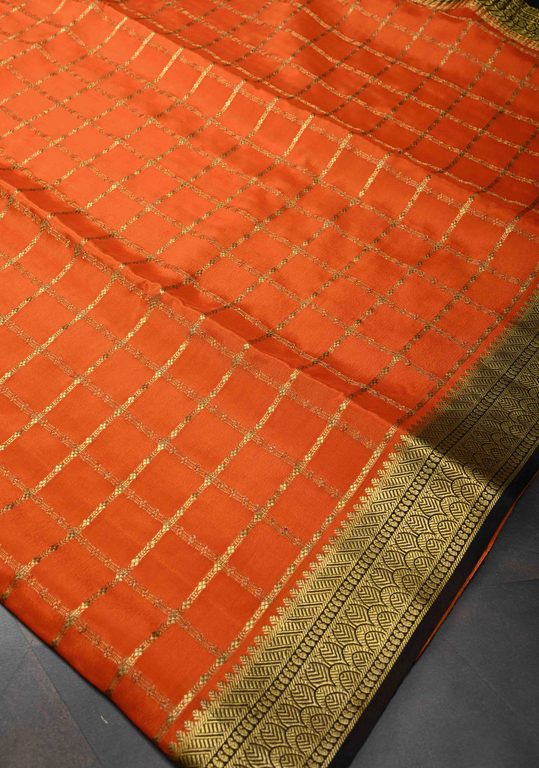 Coral Zari Checks on Pure Mysore Silk saree With Contrast Zari Border in KSIC Grade Thickness | SILK MARK CERTIFIED