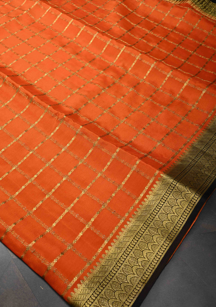 Coral Zari Checks on Pure Mysore Silk saree With Contrast Zari Border in KSIC Grade Thickness | SILK MARK CERTIFIED