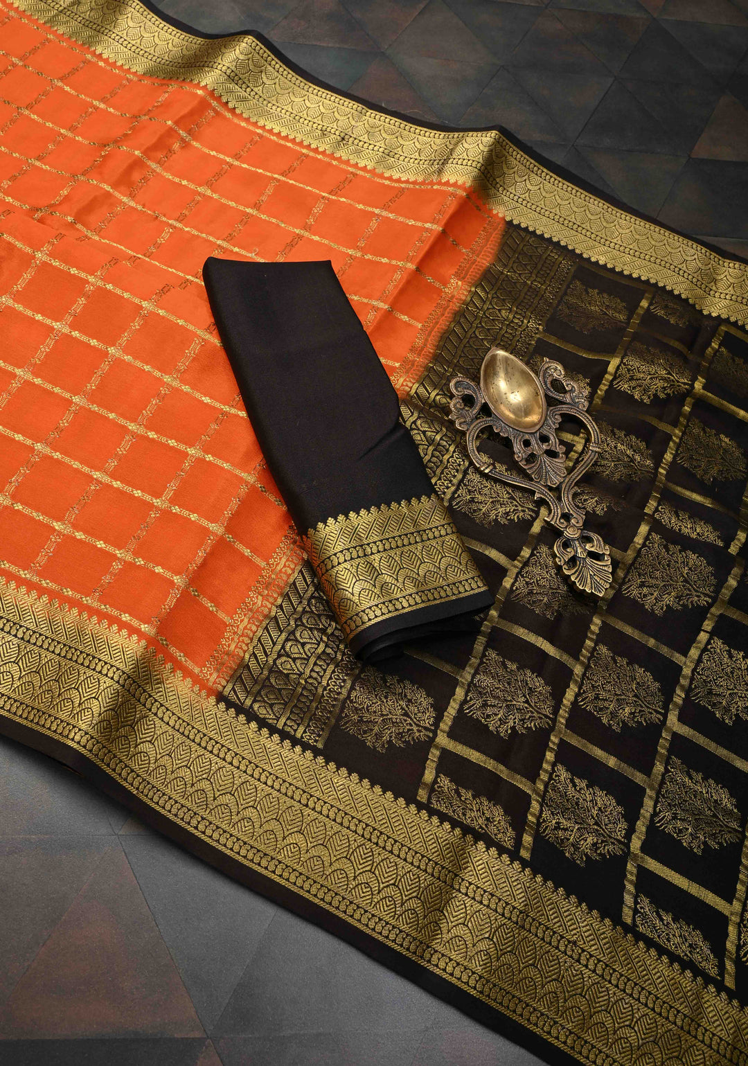 Coral Zari Checks on Pure Mysore Silk saree With Contrast Zari Border in KSIC Grade Thickness | SILK MARK CERTIFIED