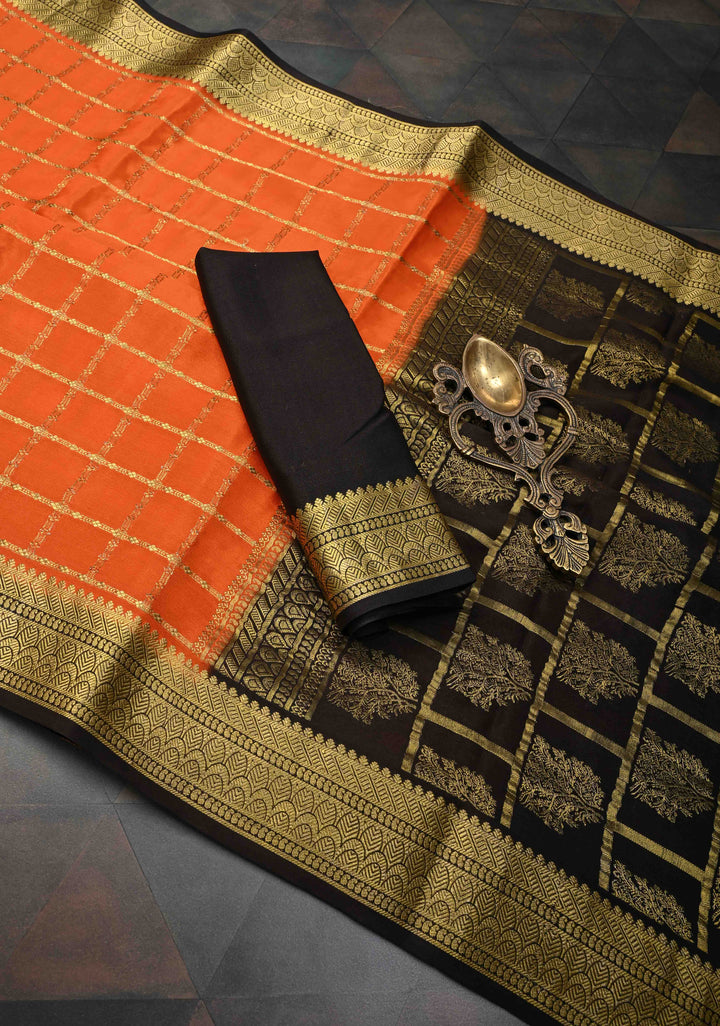 Coral Zari Checks on Pure Mysore Silk saree With Contrast Zari Border in KSIC Grade Thickness | SILK MARK CERTIFIED