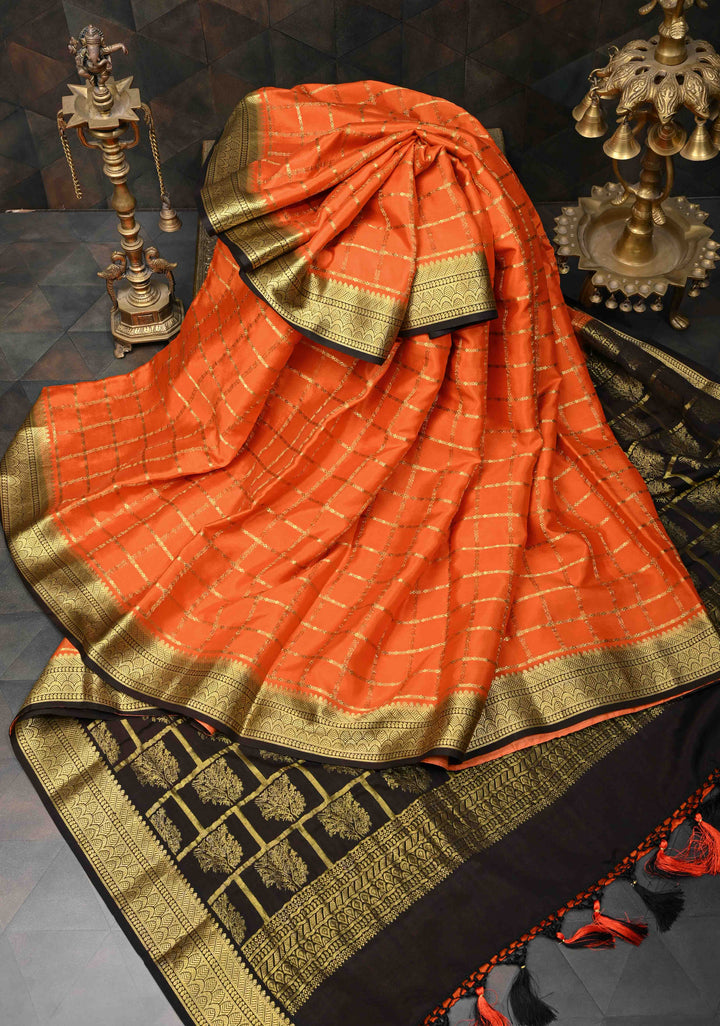 Coral Zari Checks on Pure Mysore Silk saree With Contrast Zari Border in KSIC Grade Thickness | SILK MARK CERTIFIED