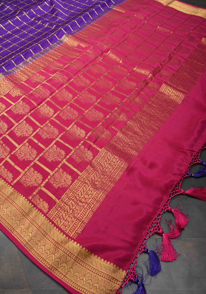 Purple Zari Checks on Pure Mysore Silk saree With Contrast Zari Border in KSIC Grade Thickness | SILK MARK CERTIFIED