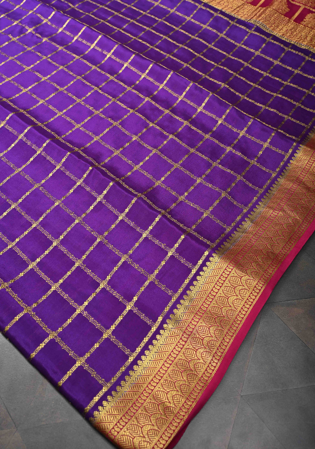 Purple Zari Checks on Pure Mysore Silk saree With Contrast Zari Border in KSIC Grade Thickness | SILK MARK CERTIFIED