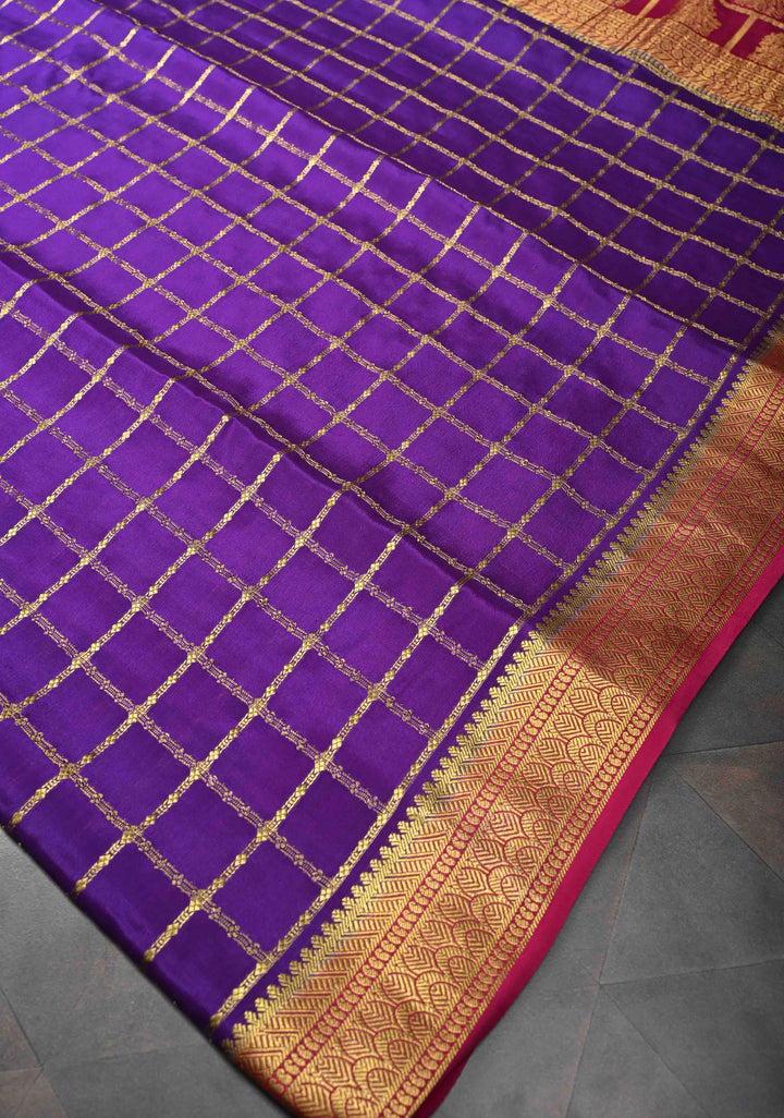 Purple Zari Checks on Pure Mysore Silk saree With Contrast Zari Border in KSIC Grade Thickness | SILK MARK CERTIFIED