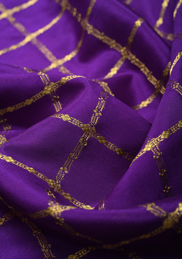 Purple Zari Checks on Pure Mysore Silk saree With Contrast Zari Border in KSIC Grade Thickness | SILK MARK CERTIFIED