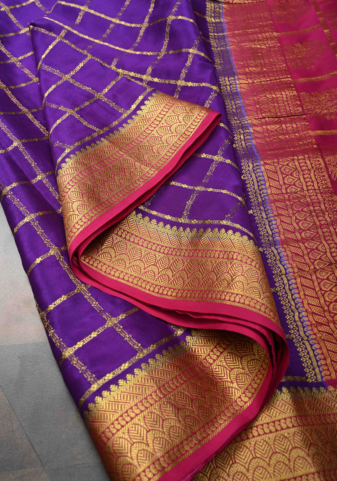Purple Zari Checks on Pure Mysore Silk saree With Contrast Zari Border in KSIC Grade Thickness | SILK MARK CERTIFIED