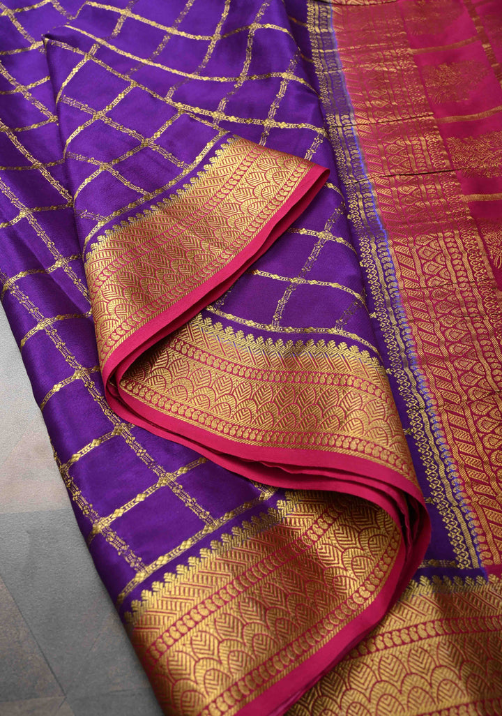 Purple Zari Checks on Pure Mysore Silk saree With Contrast Zari Border in KSIC Grade Thickness | SILK MARK CERTIFIED
