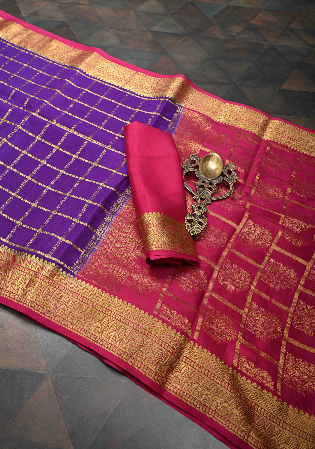 Purple Zari Checks on Pure Mysore Silk saree With Contrast Zari Border in KSIC Grade Thickness | SILK MARK CERTIFIED