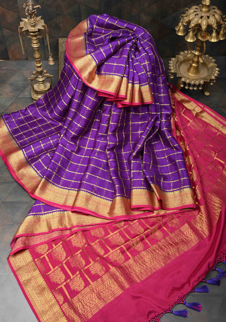 Purple Zari Checks on Pure Mysore Silk saree With Contrast Zari Border in KSIC Grade Thickness | SILK MARK CERTIFIED