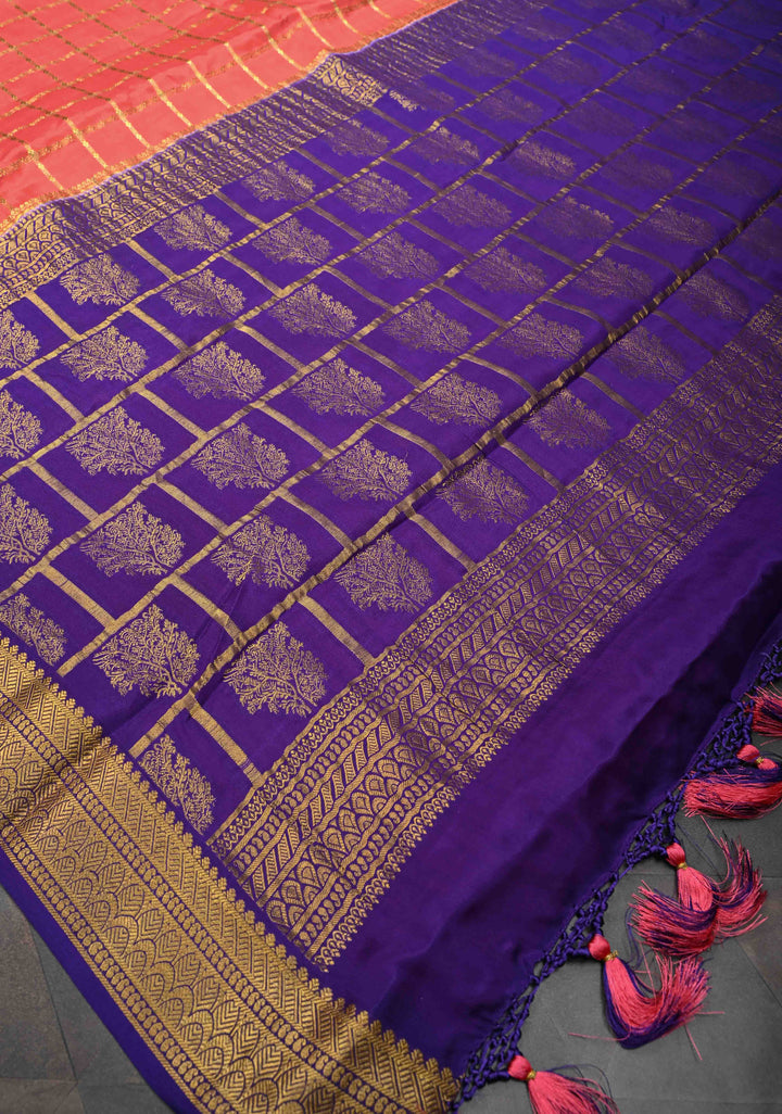 Peach Zari Checks on Pure Mysore Silk saree With Contrast Zari Border in KSIC Grade Thickness | SILK MARK CERTIFIED