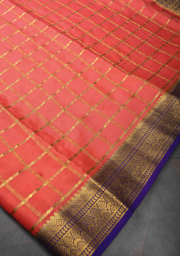 Peach Zari Checks on Pure Mysore Silk saree With Contrast Zari Border in KSIC Grade Thickness | SILK MARK CERTIFIED