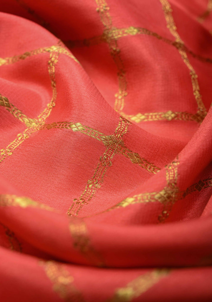 Peach Zari Checks on Pure Mysore Silk saree With Contrast Zari Border in KSIC Grade Thickness | SILK MARK CERTIFIED