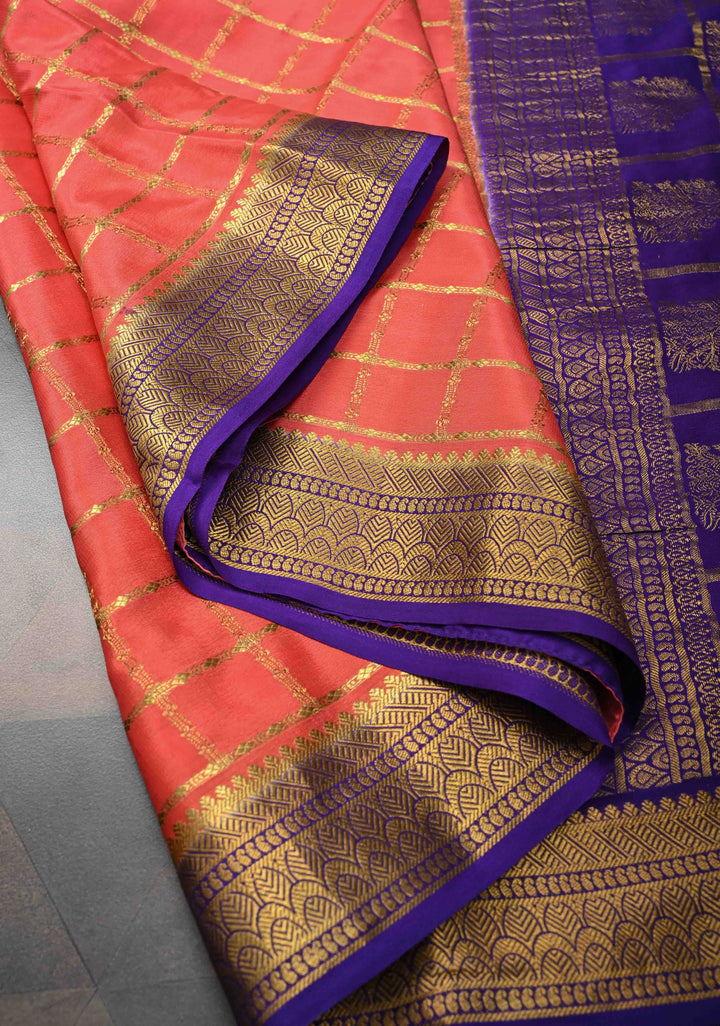Peach Zari Checks on Pure Mysore Silk saree With Contrast Zari Border in KSIC Grade Thickness | SILK MARK CERTIFIED