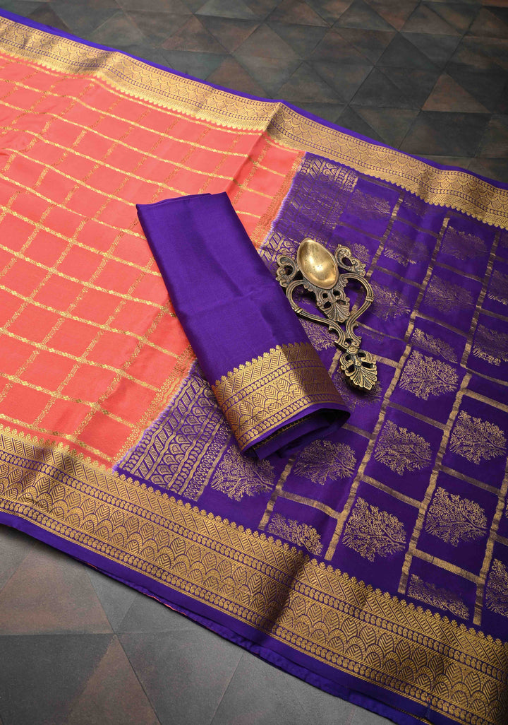 Peach Zari Checks on Pure Mysore Silk saree With Contrast Zari Border in KSIC Grade Thickness | SILK MARK CERTIFIED