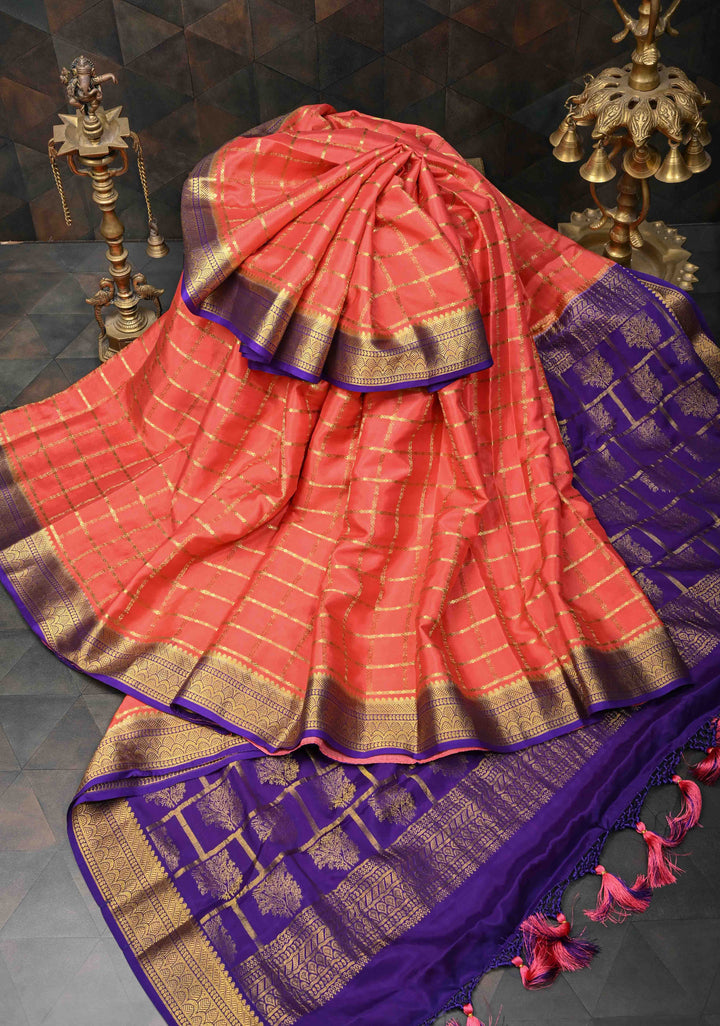 Peach Zari Checks on Pure Mysore Silk saree With Contrast Zari Border in KSIC Grade Thickness | SILK MARK CERTIFIED