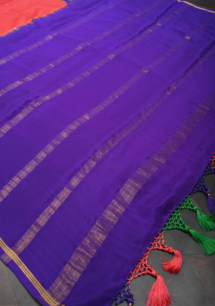 Coral Pink Mysore Silk Saree With Contrast Panel Border | SILK MARK CERTIFIED