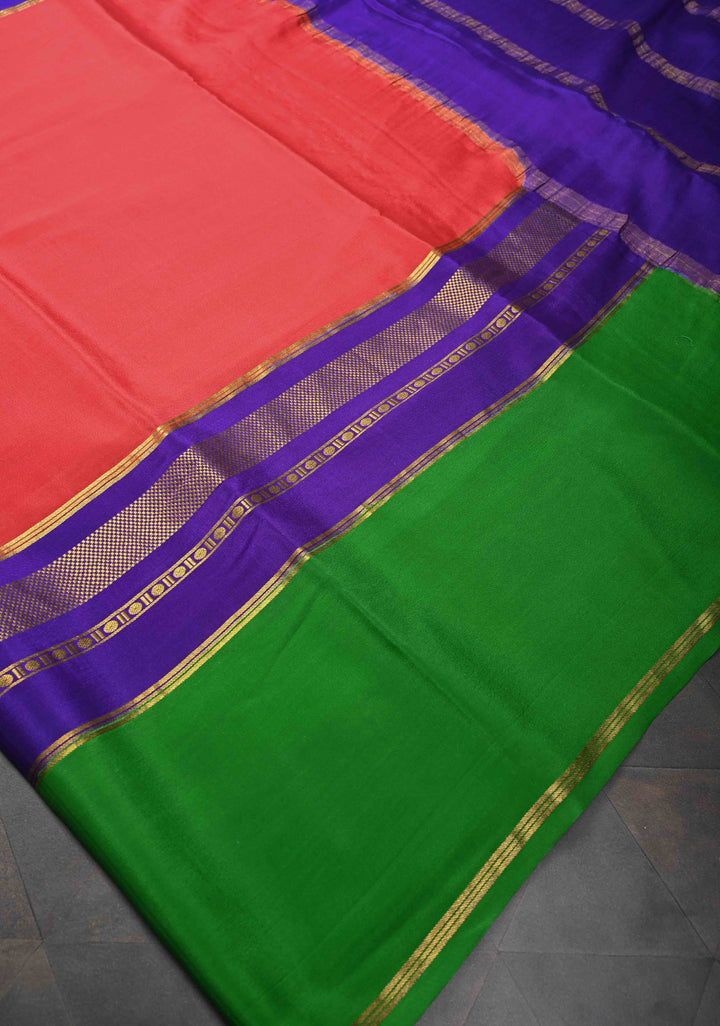 Coral Pink Mysore Silk Saree With Contrast Panel Border | SILK MARK CERTIFIED