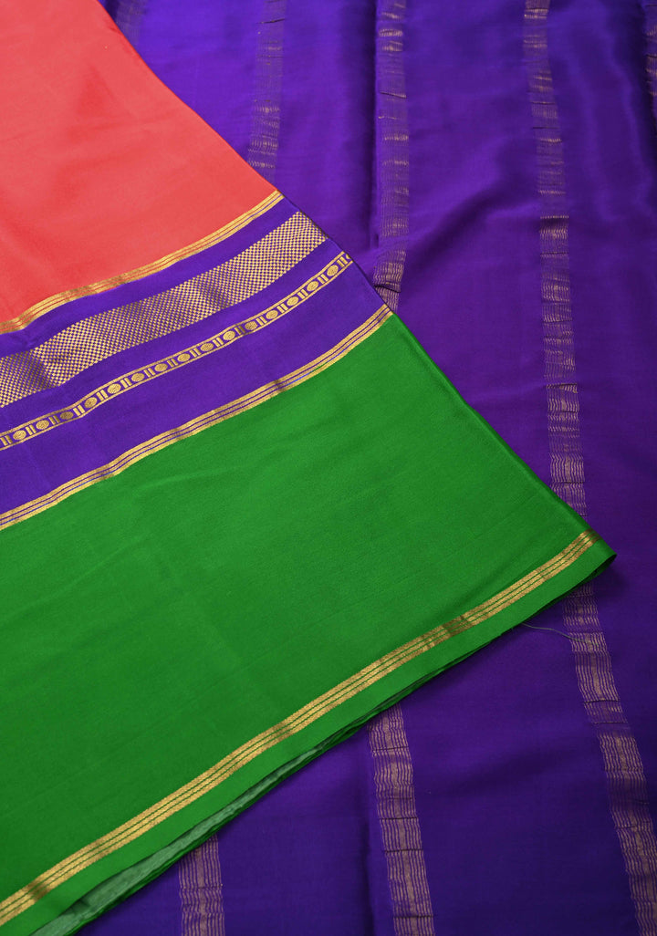 Coral Pink Mysore Silk Saree With Contrast Panel Border | SILK MARK CERTIFIED