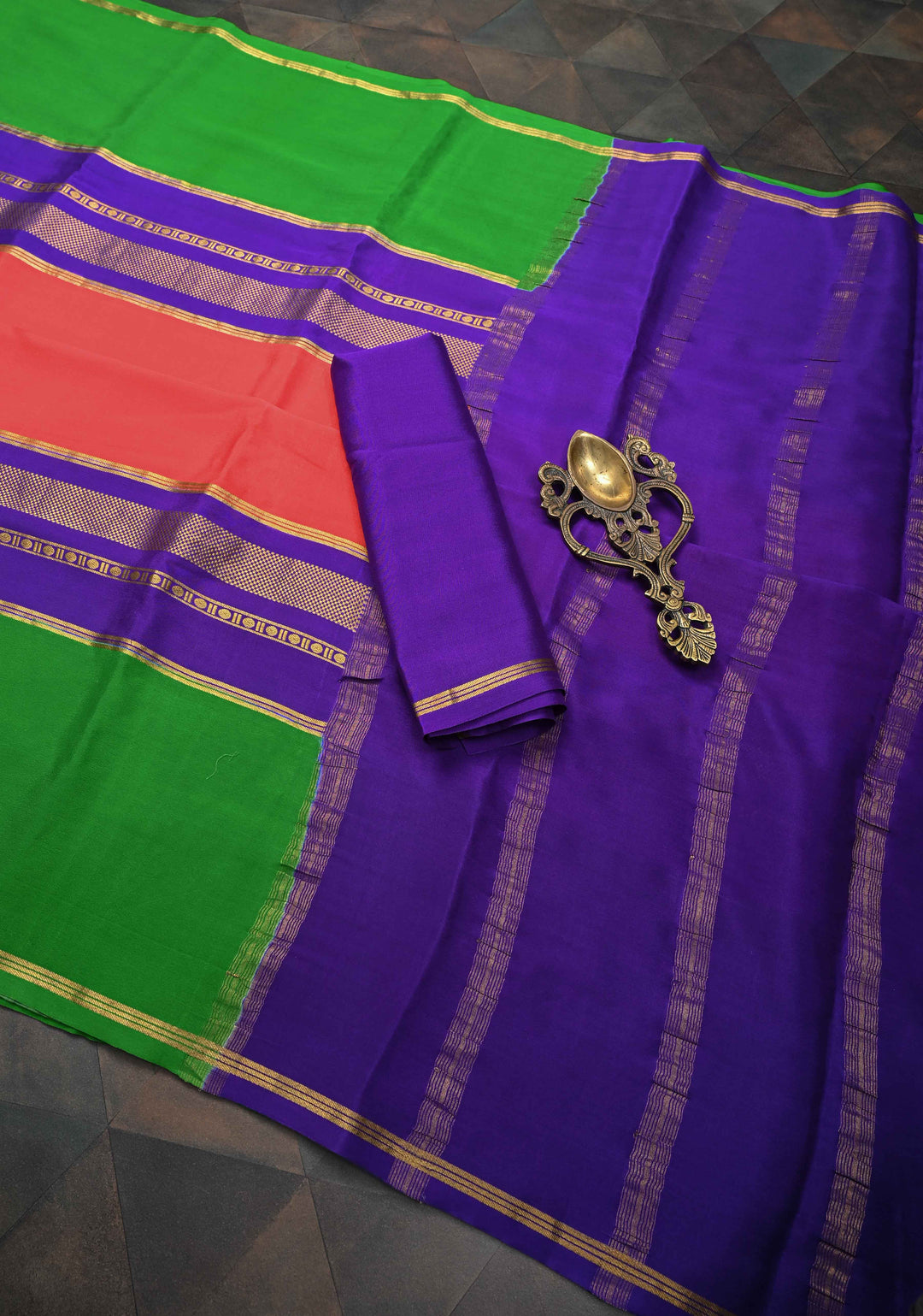 Coral Pink Mysore Silk Saree With Contrast Panel Border | SILK MARK CERTIFIED