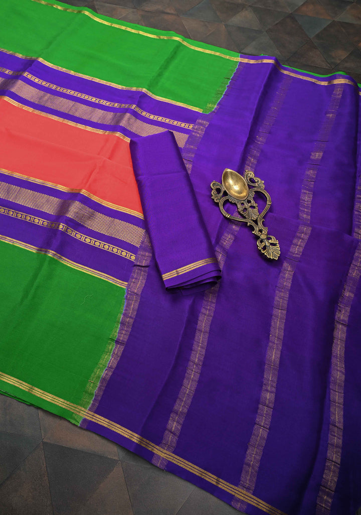 Coral Pink Mysore Silk Saree With Contrast Panel Border | SILK MARK CERTIFIED