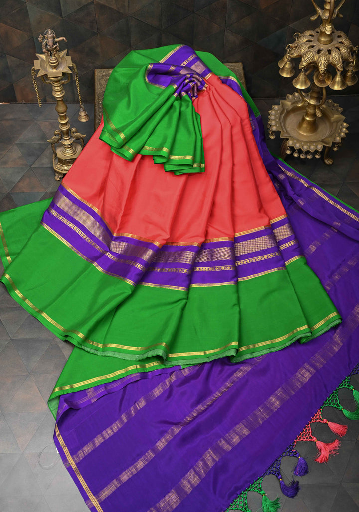 Coral Pink Mysore Silk Saree With Contrast Panel Border | SILK MARK CERTIFIED