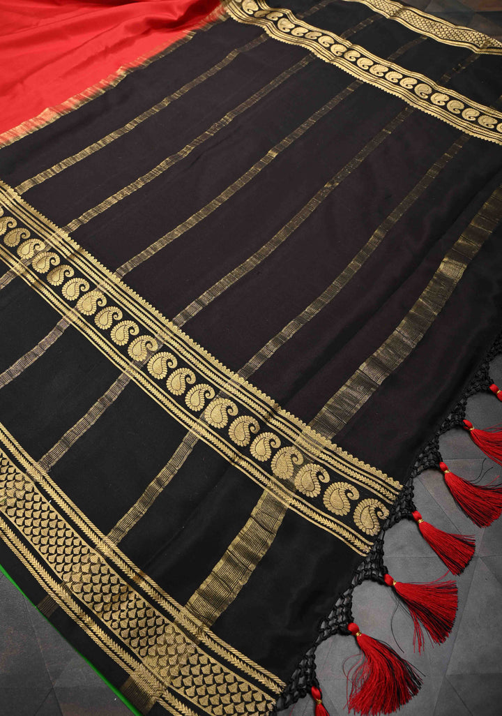 Red Mysore Silk Saree with Black Panel And Contrast Zari Border in KSIC Grade Thickness | SILK MARK CERTIFIED