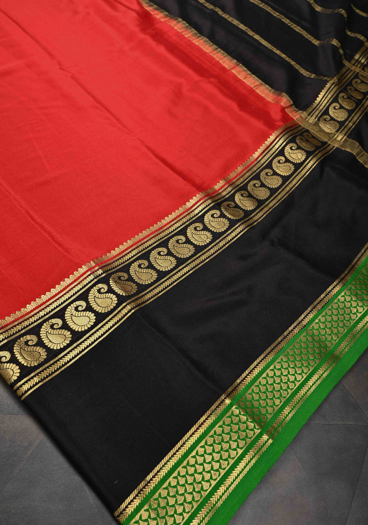 Red Mysore Silk Saree with Black Panel And Contrast Zari Border in KSIC Grade Thickness | SILK MARK CERTIFIED