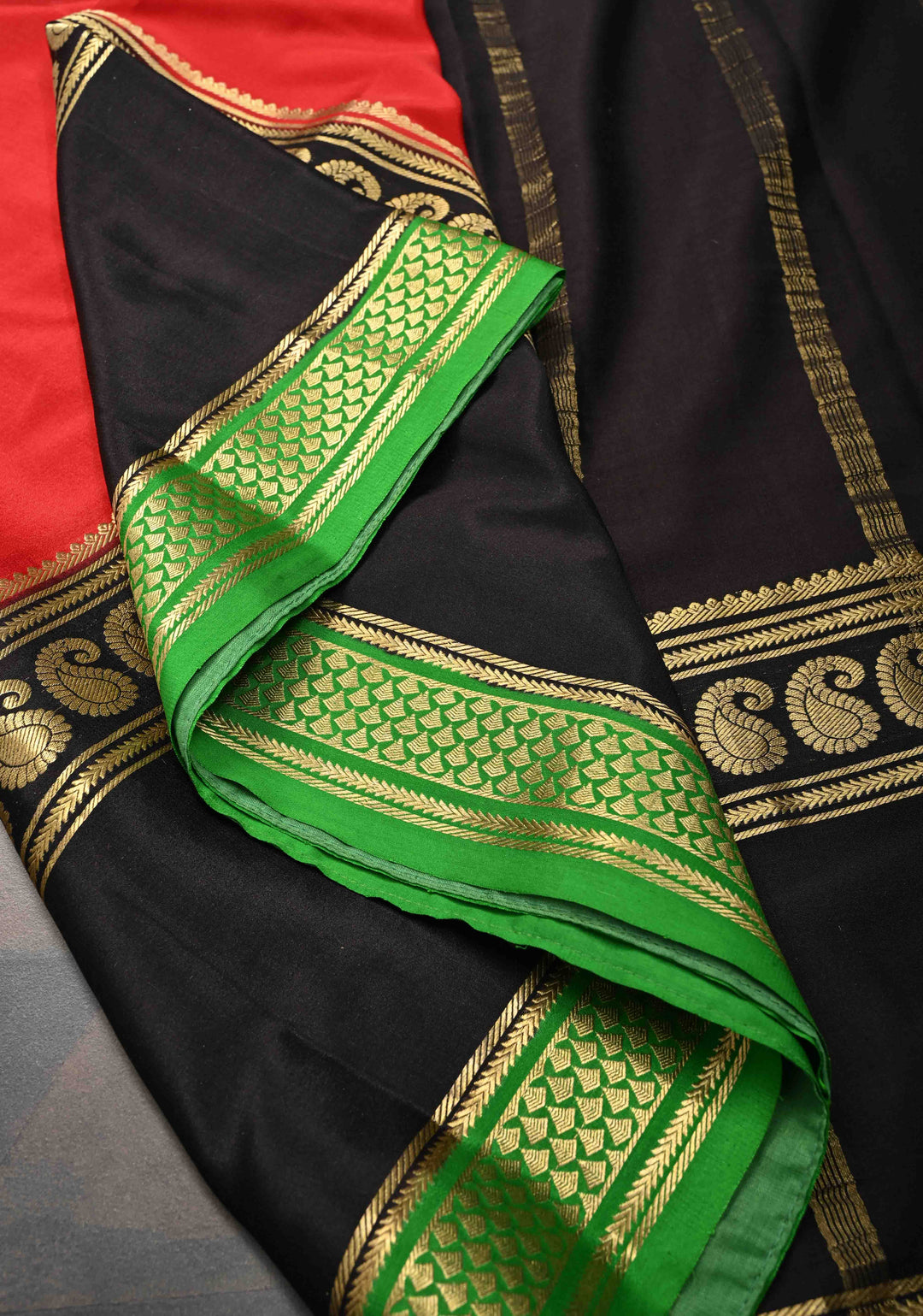 Red Mysore Silk Saree with Black Panel And Contrast Zari Border in KSIC Grade Thickness | SILK MARK CERTIFIED