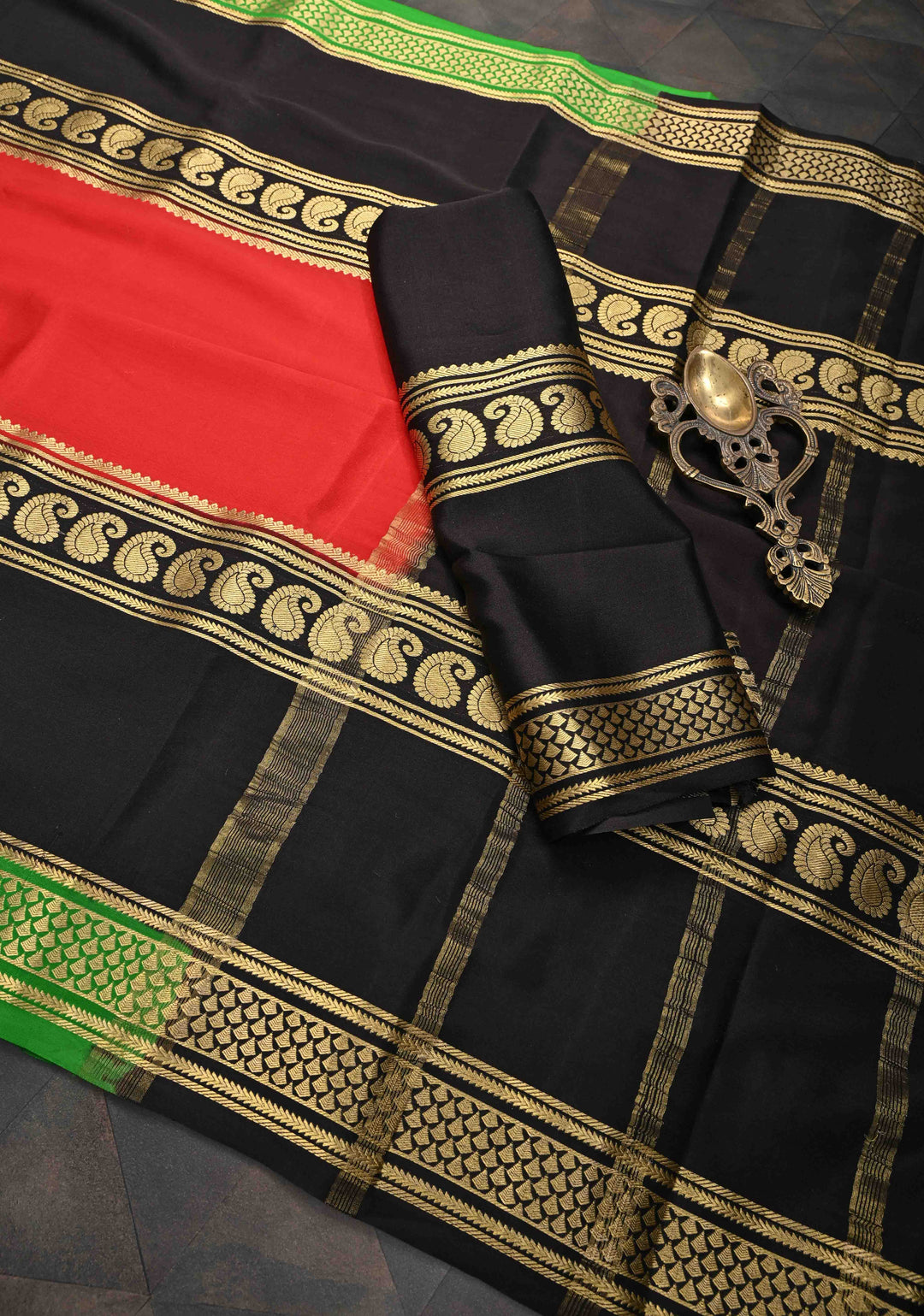 Red Mysore Silk Saree with Black Panel And Contrast Zari Border in KSIC Grade Thickness | SILK MARK CERTIFIED