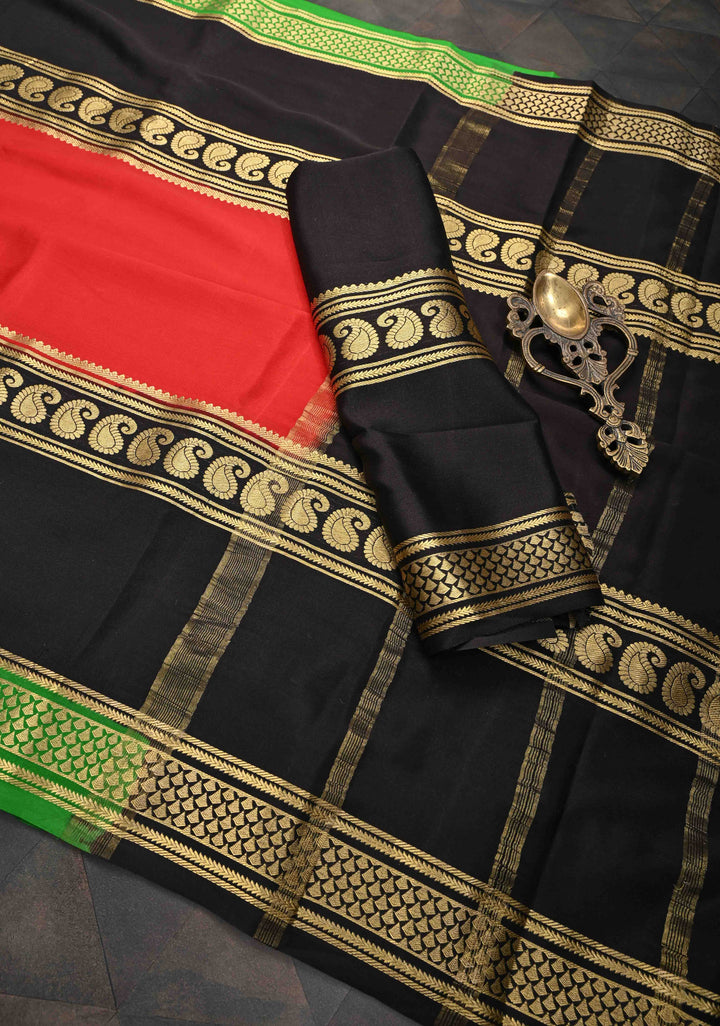 Red Mysore Silk Saree with Black Panel And Contrast Zari Border in KSIC Grade Thickness | SILK MARK CERTIFIED