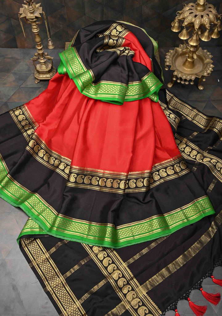 Red Mysore Silk Saree with Black Panel And Contrast Zari Border in KSIC Grade Thickness | SILK MARK CERTIFIED