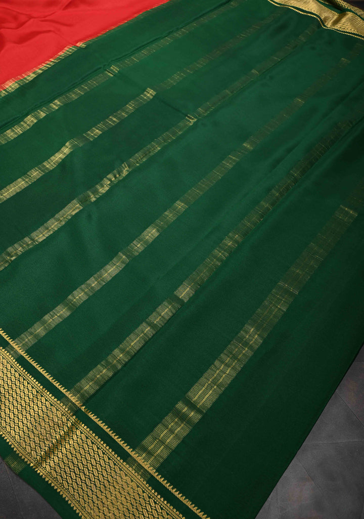 Red Mysore Silk Saree with Contrast Zari Border | SILK MARK CERTIFIED