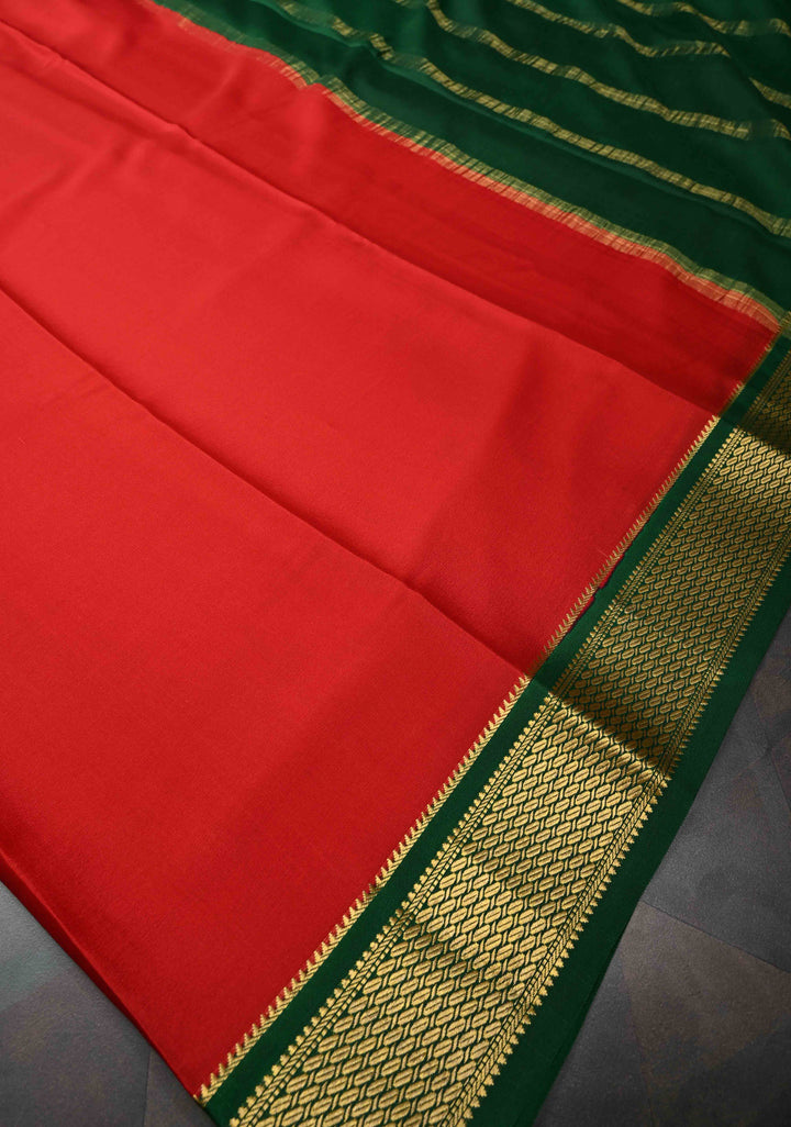 Red Mysore Silk Saree with Contrast Zari Border | SILK MARK CERTIFIED