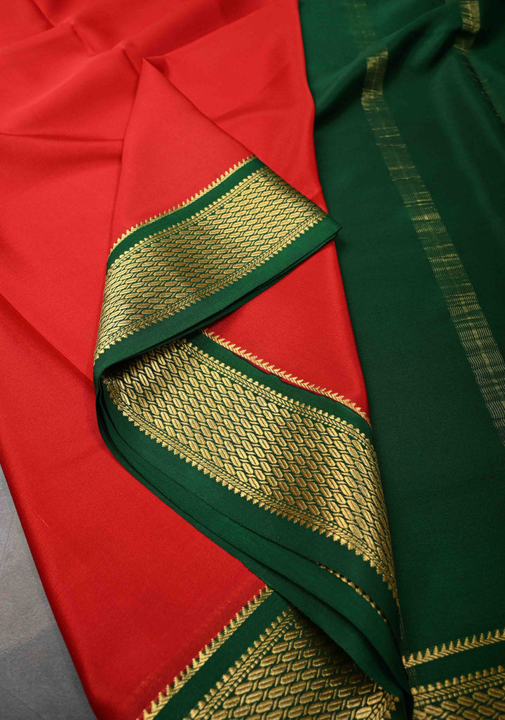 Red Mysore Silk Saree with Contrast Zari Border | SILK MARK CERTIFIED