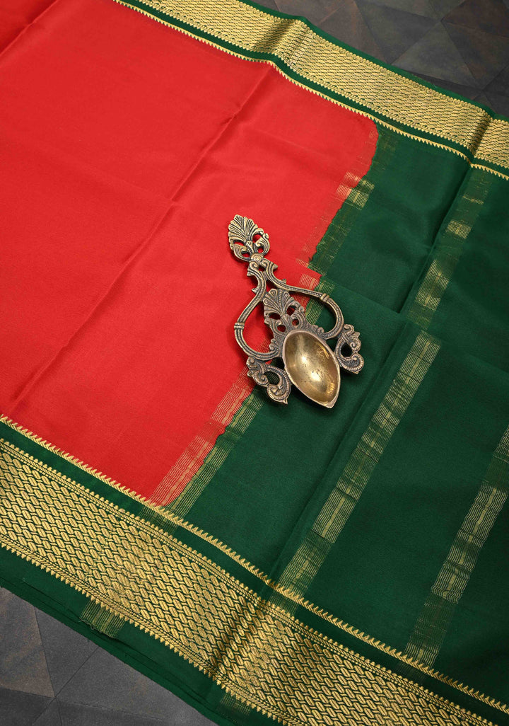Red Mysore Silk Saree with Contrast Zari Border | SILK MARK CERTIFIED