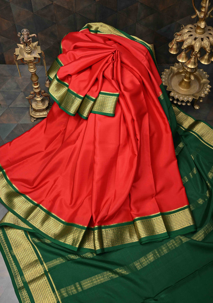 Red Mysore Silk Saree with Contrast Zari Border | SILK MARK CERTIFIED